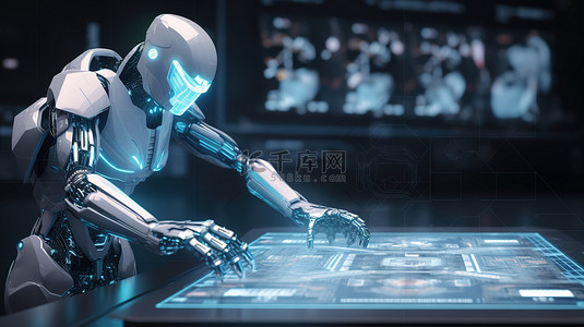 信息技术科技背景图片_HUD 显示在工作机器人的 3D 渲染中