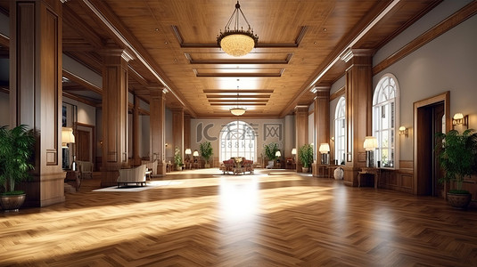 古典风格的宽敞大堂突出了美丽的木制接待区 3D 渲染