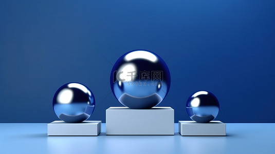 光泽蓝色背景图片_用于展示产品或广告的高架平台，在蓝色背景 3D 最小渲染上具有光泽球体