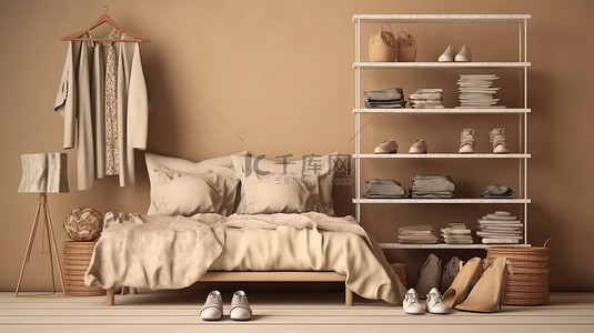 可爱的衣架背景图片_3D 渲染中奶油色床架上显示的垃圾服装
