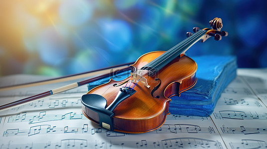 优雅的小提琴，在 3D 呈现的充满活力的蓝色背景上带有音符