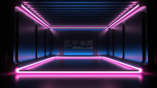 霓虹粉色和蓝色灯光照亮展览室，黑色背景 3D 渲染