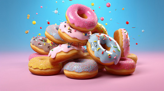 各种釉面甜甜圈在柔和的背景 3d 渲染下飞行
