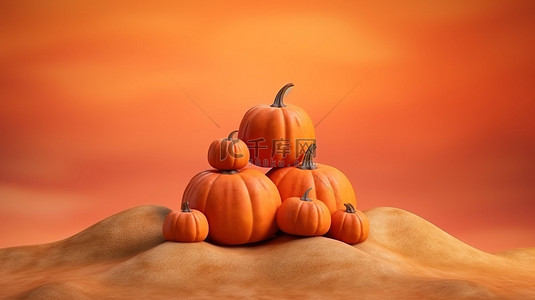 秋季水果蔬菜背景图片_万圣节主题南瓜栖息在橙色背景的岩石上，3D 渲染蔬菜物体的插图