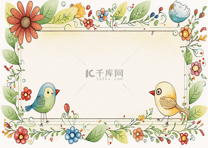 花环边框背景图片_小鸟和植物水彩边框