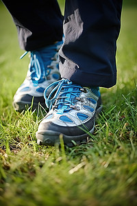 草地上穿着登山靴的人的图像