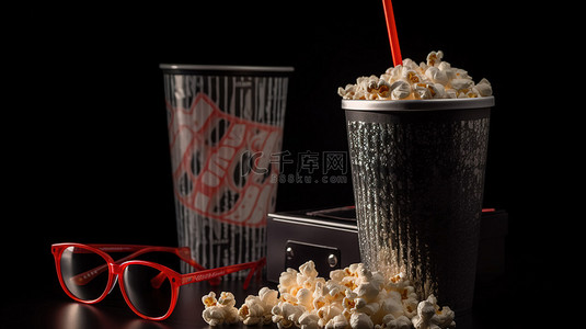 金属罐，配有 3D 眼镜爆米花和饮料，排列在黑色背景的平地上