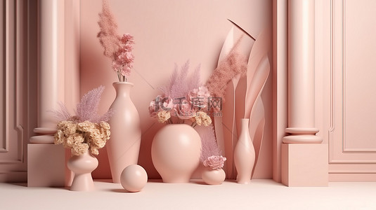 淡粉色和米色 3D 讲台展示上的花瓶