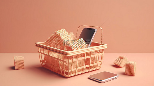 购物篮子背景图片_智能手机的 3d 渲染，用于在后台使用信用卡和篮子纸板箱进行安全在线购物