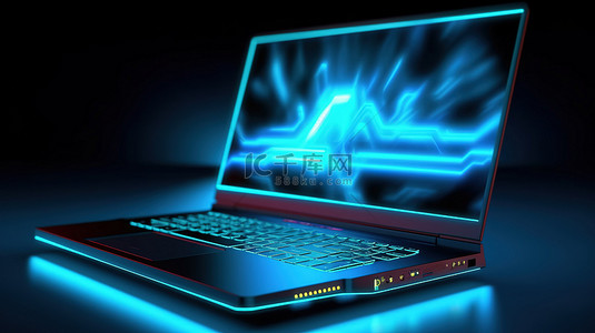 特写桌面背景图片_霓虹灯蓝光照亮的笔记本电脑的 3D 插图特写