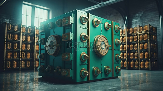 充满硬币钱堆和储蓄的保险箱或金库的 3D 插图，描绘了安全货币存储的概念