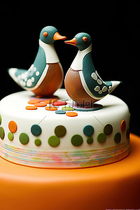 一只白色和一只浅棕色的鸭子坐在条纹婚礼蛋糕上