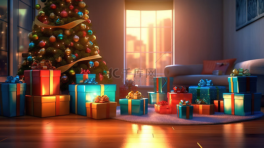 圣诞树下节日礼物的 3D 插图
