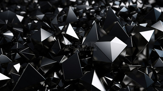 金属科技背景背景图片_金属黑色背景上三角形和晶体的 3D 渲染
