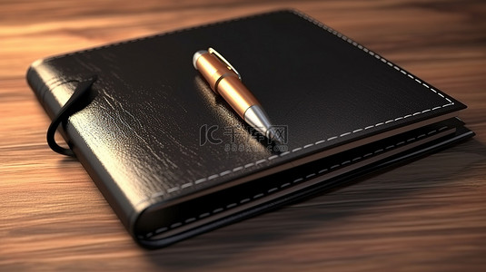 黑色皮革覆盖的个人日记或组织书的特写 3D 渲染，笔放在木桌上