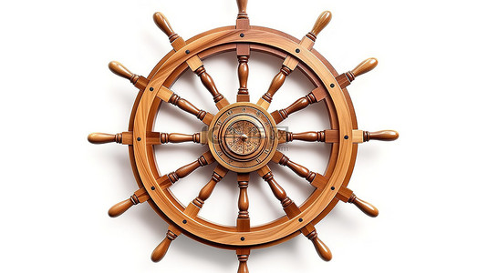 老式木船方向盘形状的指南针是一个独特的发现，在 3D 渲染的白色背景上呈现