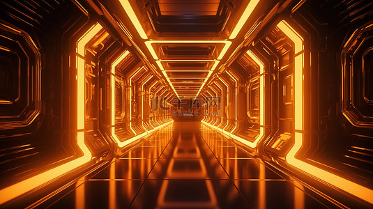 霓虹灯发光的科幻未来主义插图橙色金色宇宙飞船走廊 3D 渲染