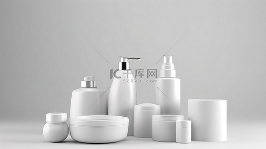 白色背景上 3D 插图中的一组化妆品和白色容器