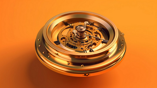 圆形手表背景图片_橙色隔离背景上古董金色圆形时钟的老式钟表 3D 插图