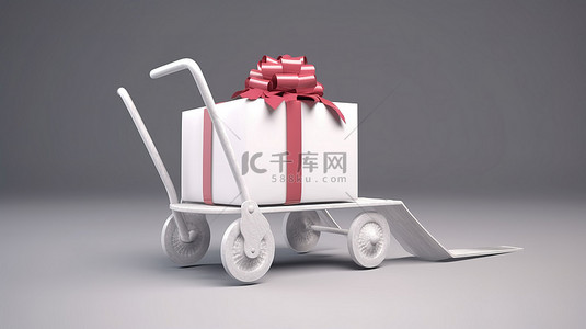一送一背景图片_令人惊叹的 3D 渲染图像 一辆手推车，运送着包裹着令人愉悦的红丝带的巨大白色礼物