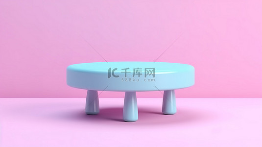 粉红色背景与双色调风格 3D 渲染现代蓝色塑料圆桌模型