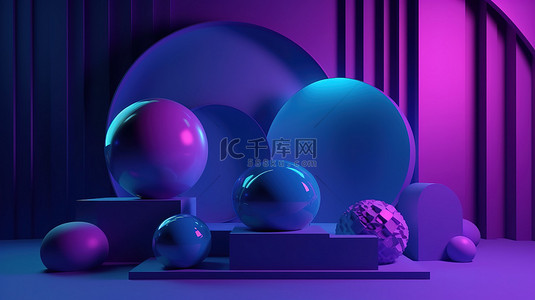 广告蓝色几何背景背景图片_产品展示广告在 3D 渲染中令人惊叹的紫色和蓝色几何背景