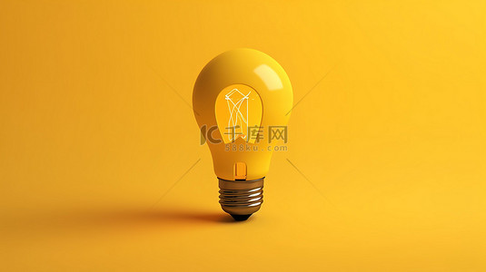 3D 卡通风格的黄色背景灯泡图标说明业务策略和想法解决方案