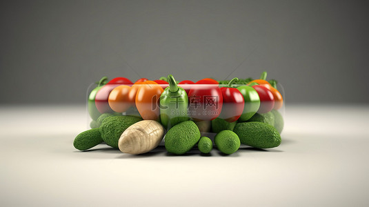 高清美食背景图片_3d 渲染药丸射出新鲜蔬菜