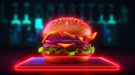 堡快餐背景图片_3D 渲染的霓虹灯标志，带有美味的汉堡