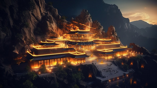 令人惊叹的寺庙坐落在山脉中，散发着明亮的光芒 3D 全景渲染