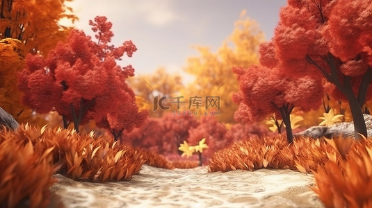 金秋悦礼背景图片_秋季树木和灌木背景的 3D 渲染插图