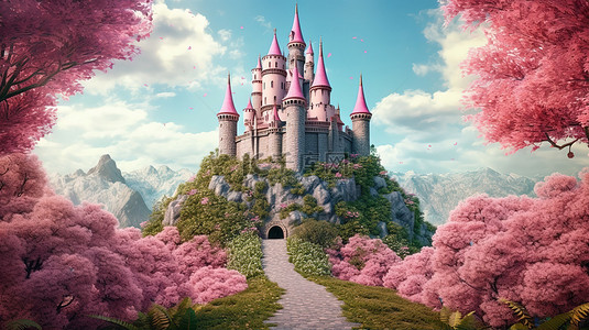 三面堡垒背景图片_雄伟的堡垒位于青翠的山顶上，周围环绕着茂密的树叶，装饰着富丽堂皇的粉红色王冠，在令人惊叹的 3D 描绘中栩栩如生
