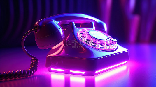 紫色霓虹灯固定电话的特写 3D 插图