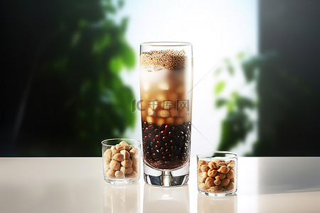 大豆饮料背景图片_玻璃杯里有一杯饮料，旁边有冰块和坚果