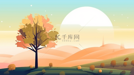 太阳梦幻背景图片_风景树落日远山简单背景