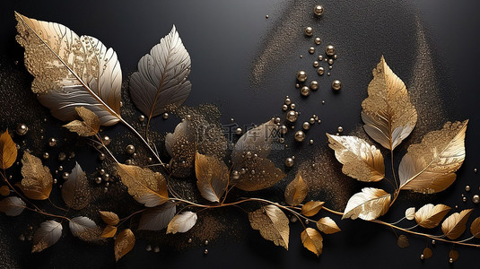 黑色的叶子背景图片_中国叶子背景与金色的叶子和点 3d 黑色艺术壁纸壁画