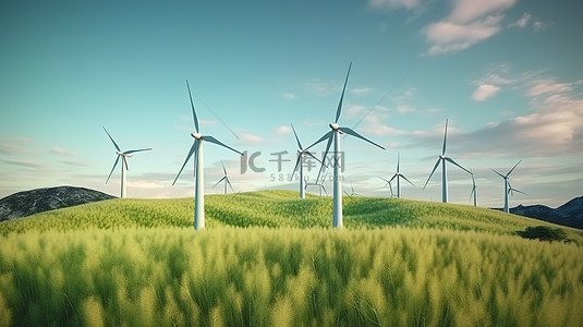 草地与 3d 风力涡轮机