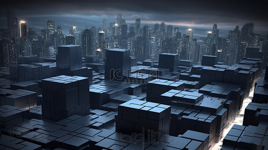 夜间发光照亮的未来城市景观黑暗 3D 立方体形状