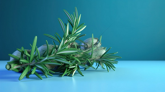 水果奶油背景图片_迷迭香小枝装饰蓝色 3d 渲染背景，用于产品展示