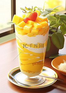 芒果背景图片_桌上放着一杯甜芒果蛋奶冻