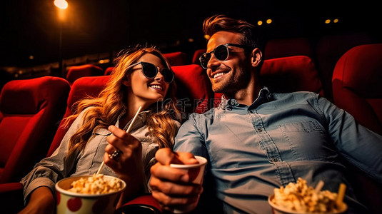 快乐的一对戴着 3D 眼镜，坐在舒适的扶手椅上享受爆米花和电影