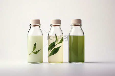 带有小绿叶和叶形罐子的绿茶品牌瓶