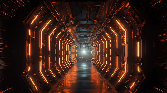 赛博朋克霓虹背景图片_赛博朋克宇宙飞船走廊背景与发光的橙色光 3d 渲染