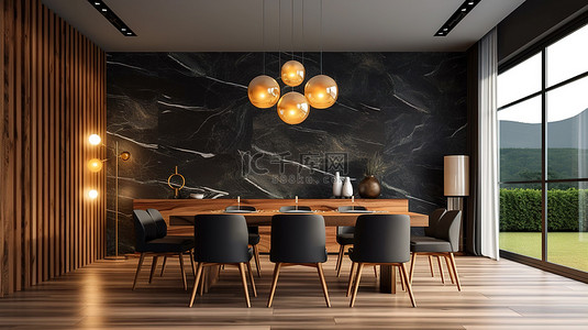 餐厅内部装饰木制橱柜和黑色大理石的 3D 插图