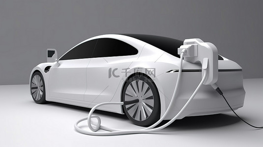 电动汽车充电站 3d 渲染与白色车辆