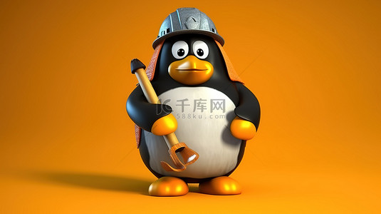 配备工具 3D 渲染的胖企鹅劳动者