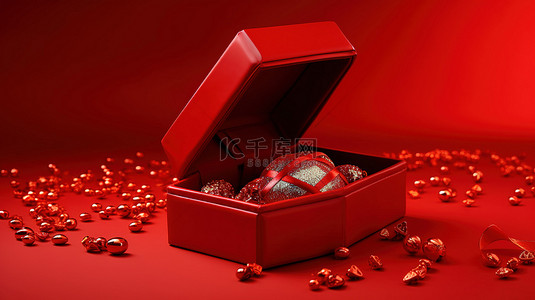 一份未包装的深红色礼物，里面装满了节日装饰物品，用于文本 3D 可视化的空白空间