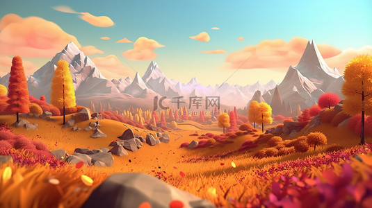 秋季卡通山景的 3d 渲染