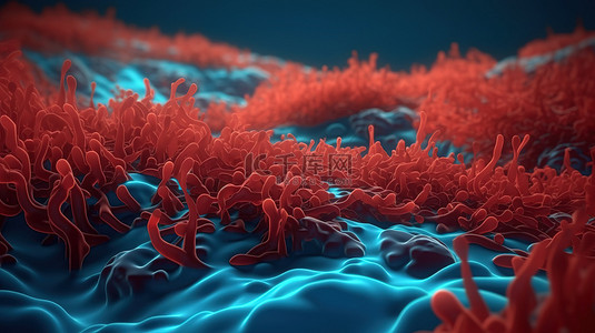 医学细胞背景图片_红色表面细菌的微生物区系放大 3D 插图