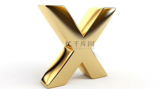 闪闪发光的金色金属字母 x 在白色背景下的 3d 渲染中描绘